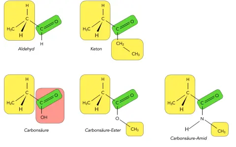 Chemische Strukturen: Aldehyd, Keton, Carbonsäure, Ester und Amid. Die **Carbonylgruppe** ist zentral für diese funktionellen Gruppen.