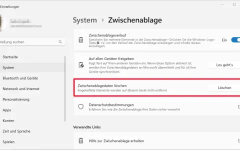 Einstellungen für die Zwischenablage: Verlauf anzeigen, Daten synchronisieren oder den gesamten Cache löschen.