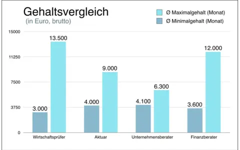 Gehaltsvergleich: Ein Wirtschaftsprüfer verdient im Schnitt 3.000€ (minimal) bis 13.500€ (maximal) brutto im Monat.