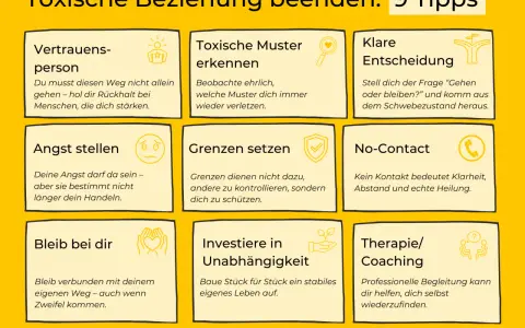 9 Tipps, um toxische Menschen und Beziehungen zu beenden: Vertrauensperson, Muster erkennen, klare Entscheidung, Angst stellen, Grenzen setzen, No-Contact, bei dir bleiben, Unabhängigkeit & Therapie/Coaching.
