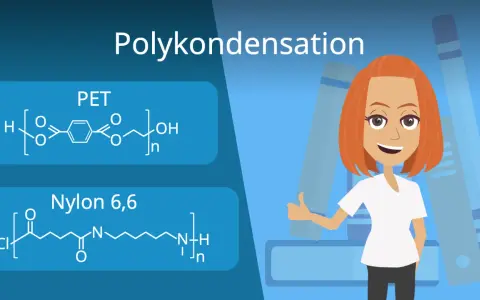 Chemie-Illustration mit PET- und Nylon-6,6-Strukturen, die den Prozess der Polykondensation erklären. Eine lächelnde Frau gibt Daumen hoch.