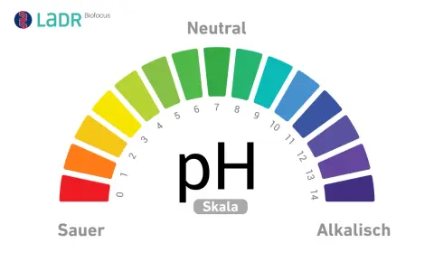 Die pH-Wert Skala zeigt den Bereich von sauer (rot) über neutral (grün) bis alkalisch (blau/violett).