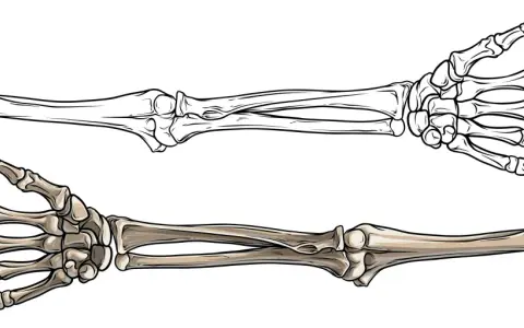 Zwei menschliche Skeletthände, eine als Umriss, die andere koloriert. Sie zeigen, wie viele Knochen ein Mensch hat, um zu greifen und zu fühlen.