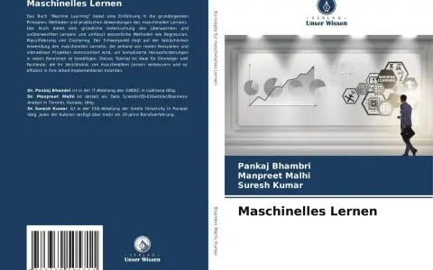 Buchcover "Maschinelles Lernen" mit Autoreninfo und Illustrationen, die Konzepte des maschinellen Lernens zeigen.