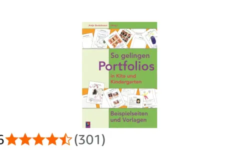 Buchcover "So gelingen Portfolios in Kita und Kindergarten" mit Beispielseiten. Die Portfolio Bedeutung wird hier praxisnah erklärt.