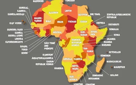 Bunte Karte von Afrika mit vielen Ländern wie Marokko, Algerien, Nigeria, Ägypten und Südafrika.