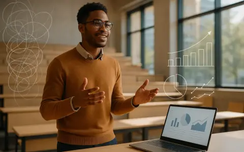 Ein Mann hält eine Präsentation in einem Hörsaal. Auf seinem Laptop sind Diagramme zu sehen, und über ihm schweben stilisierte Grafiken.