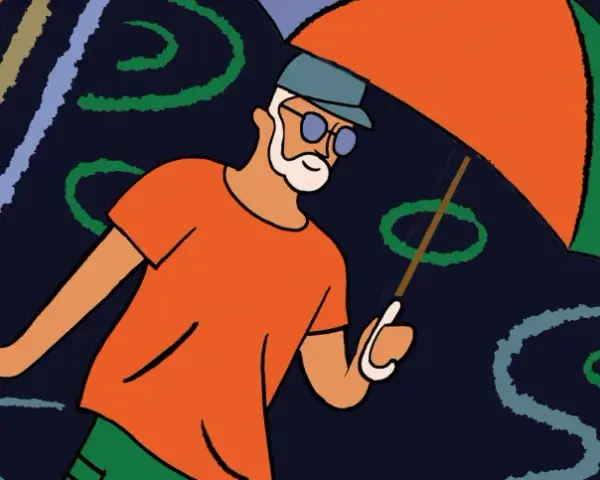 Ein Mann mit Bart und Brille geht unter einem bunten Regenschirm. Die Streifen im Hintergrund könnten für seine **Enttäuschung** stehen, die ihn trotz Sonnenschirms nicht trocken hält.