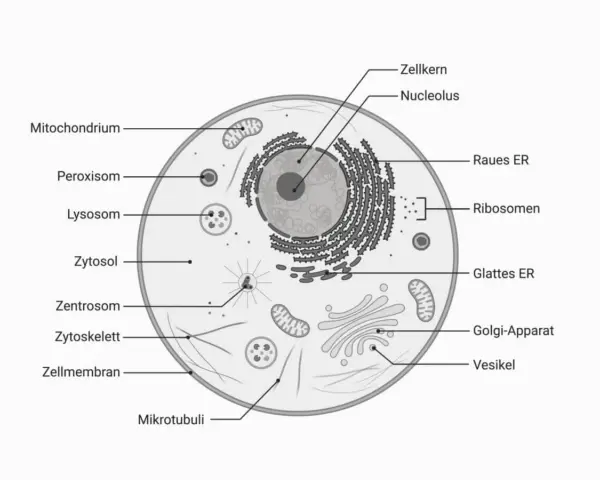 Schematische Darstellung einer Zelle mit Zellkern, Mitochondrien, ER, Golgi-Apparat und weiteren Organellen.