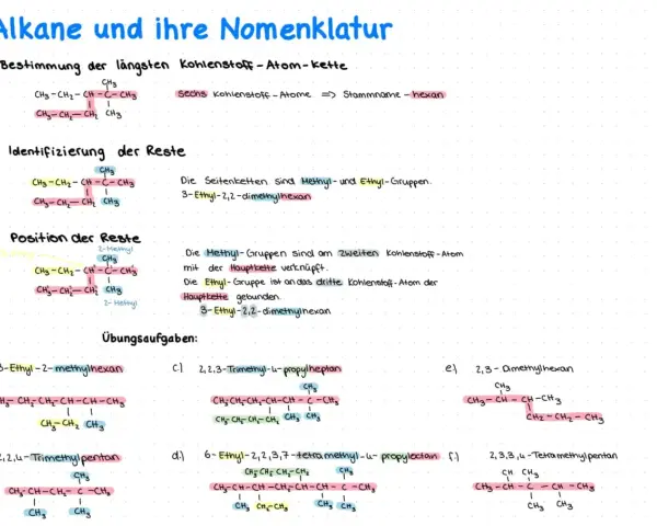 Alkane: Bestimmung der längsten Kohlenstoffkette, Identifizierung von Resten und deren Position. Übungsaufgaben zur Benennung von Alkanen.