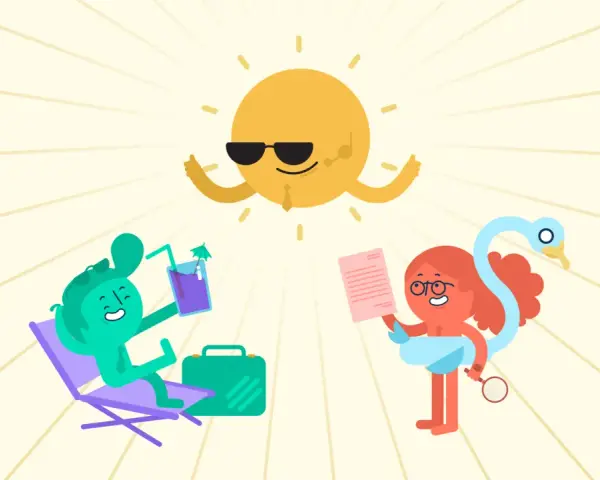 Sonnige **Herbstferien 2026 Niedersachsen**! Ein grüner Charakter entspannt, ein anderer liest, während die Sonne mit Sonnenbrille grüßt.