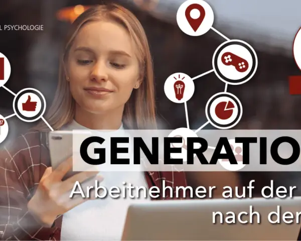 Generation Y: Junge Arbeitnehmer suchen Sinn. Eine junge Frau mit Smartphone und Laptop, umgeben von Symbolen für Psychologie und Social Media.
