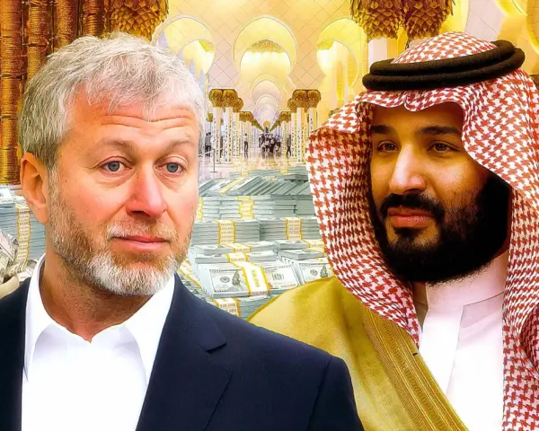 Oligarch Roman Abramovich und ein saudischer Prinz vor Bergen von Geld und Gold.