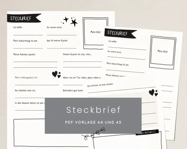 Eine Steckbrief Vorlage mit Feldern für Name, Geburtstag, Adresse, Lieblingsfach und mehr. Ideal zum Ausfüllen für Kinder.