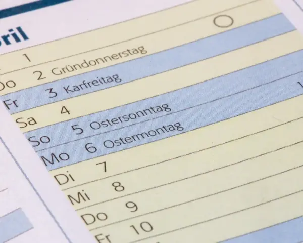 Kalenderblatt April mit Feiertagen wie Karfreitag, Ostersonntag und Ostermontag.