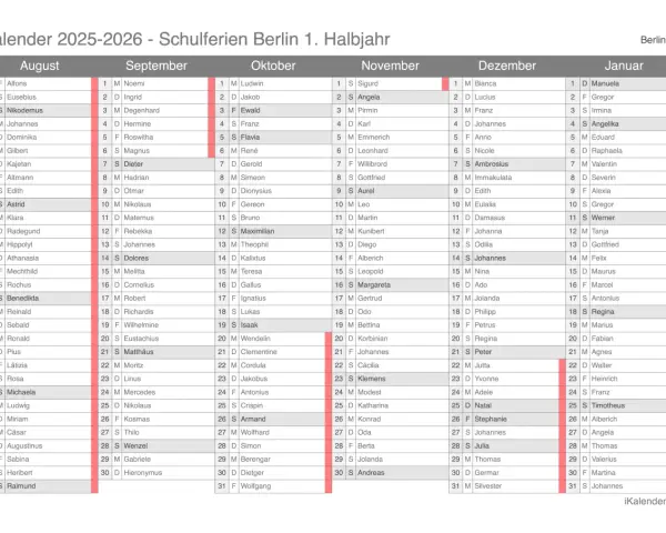 Kalender 2025-2026 mit Monatsübersicht und Namen.