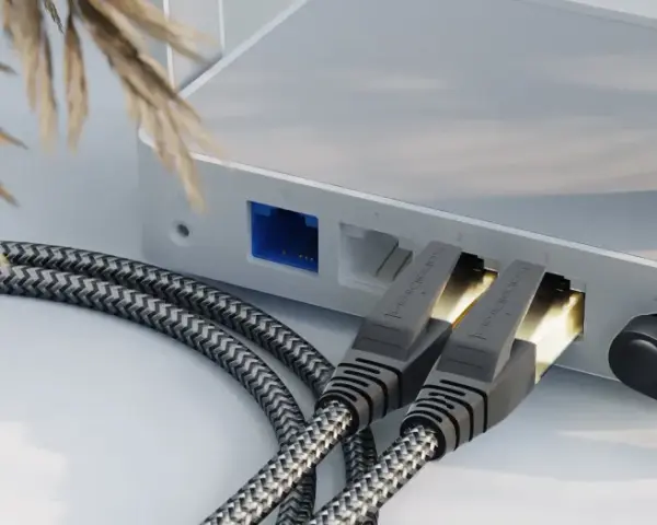 Zwei geflochtene ethernet-Kabel stecken in einem weißen Router, daneben ein schwarzes Stromkabel.