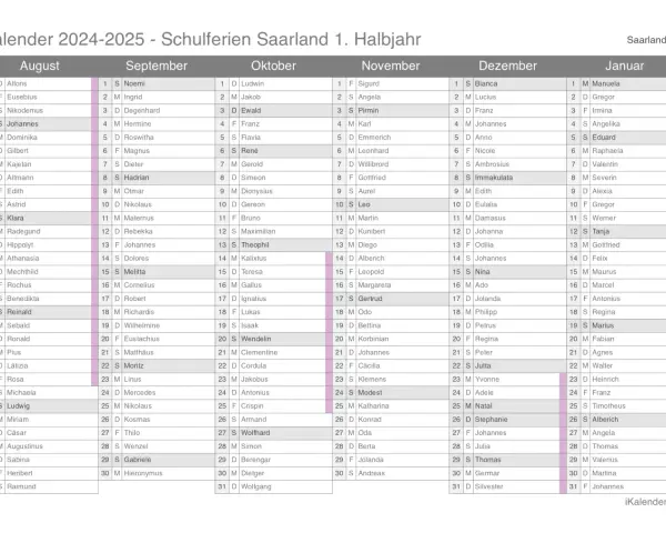 Ferien Saarland 2026: Kalenderübersicht mit Namenstagen. Planen Sie Ihre Auszeit!