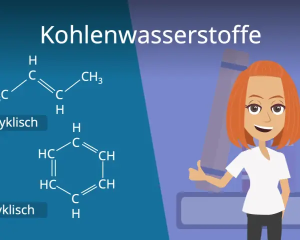 Chemische Strukturen von Kohlenwasserstoffen: eine azyklische und eine zyklische Verbindung. Eine lächelnde Frau mit roten Haaren gibt Daumen hoch.