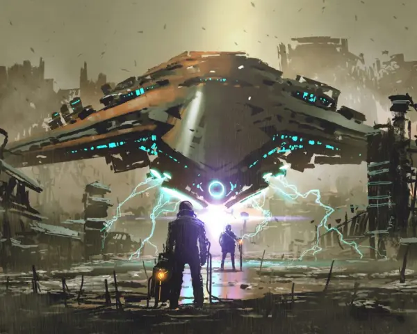 Zwei Gestalten stehen in einer **dystopischen** Ruinenlandschaft vor einem riesigen, leuchtenden Raumschiff, das Blitze aussendet.