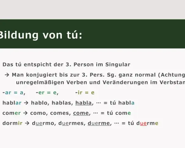 Bildung von tú: Spanische Imperativ-Regeln für die 3. Person Singular. Beispiele: hablar, comer, dormir.