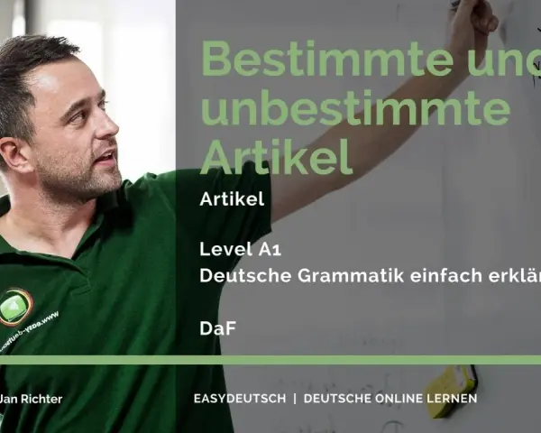 Mann erklärt den bestimmten und unbestimmten Artikel. Deutsche Grammatik für Anfänger (Level A1).