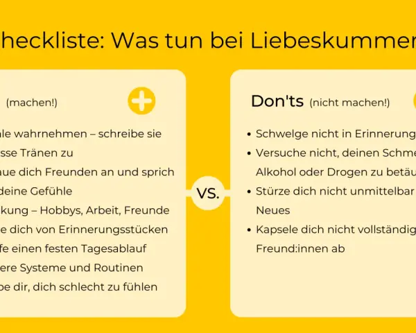 Checkliste: Was tun bei Liebeskummer? Zeigt "Do's" und "Don'ts" für den Umgang mit Herzschmerz.