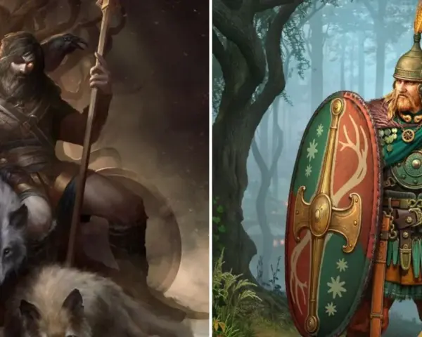 Odin, der Allvater, mit Raben und Wölfen, sitzt auf einem Thron aus Ästen. Daneben ein Krieger mit Helm und Schild.