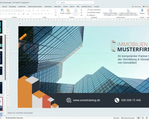 Eine PowerPoint-Präsentation mit einem modernen Design für eine Immobilienfirma.