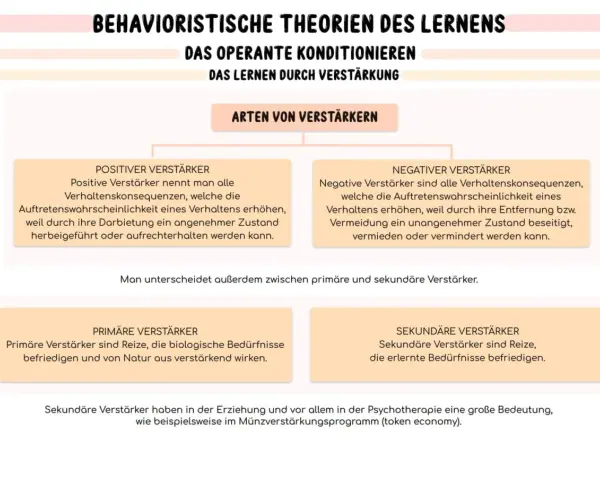 Schema zu operanter Konditionierung: positive/negative Verstärker, primäre/sekundäre Verstärker.