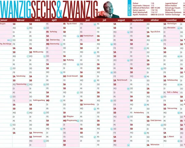 Kalender 2026 mit Monaten, Tagen und Feiertagen in Bayern.