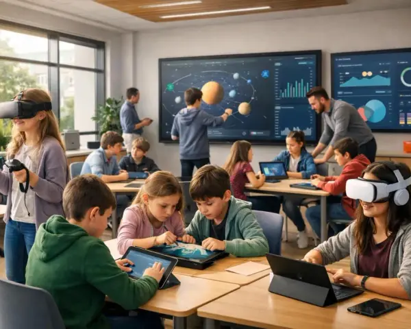 Kinder der Generation Alpha lernen mit VR-Brillen und Tablets im Klassenzimmer.