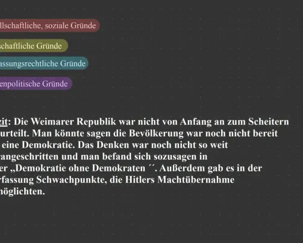 Die Weimarer Republik scheiterte an gesellschaftlichen, wirtschaftlichen, verfassungsrechtlichen und außenpolitischen Gründen. Die Bevölkerung war nicht bereit für Demokratie.