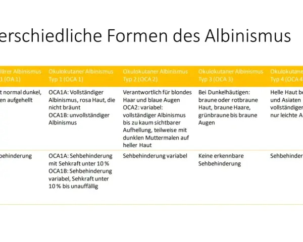 Tabelle zeigt verschiedene Formen von Albinismus bei Menschen, von vollständigem bis zu leichter Aufhellung, mit Auswirkungen auf Haut, Haar und Augen.