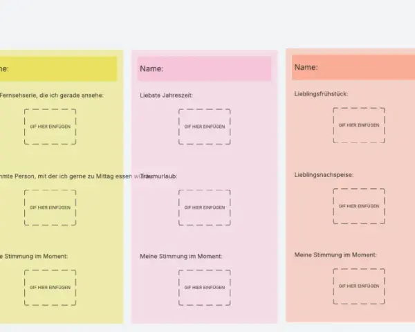 Karten mit Fragen zum Kennenlernen, die mit GIFs beantwortet werden. Jede Karte fragt nach persönlichen Vorlieben wie Lieblingsjahreszeit, Frühstück oder Hobby.