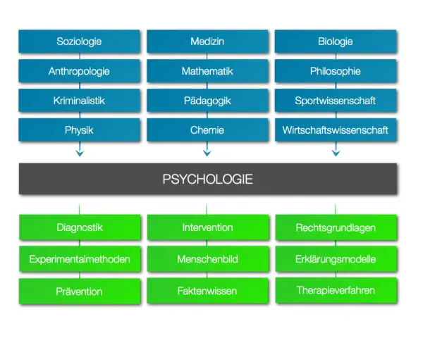 Diagramm zeigt, wie verschiedene Disziplinen wie Soziologie, Medizin und Biologie zur Psychologie beitragen. Darunter sind Anwendungsbereiche wie Diagnostik und Intervention aufgeführt.