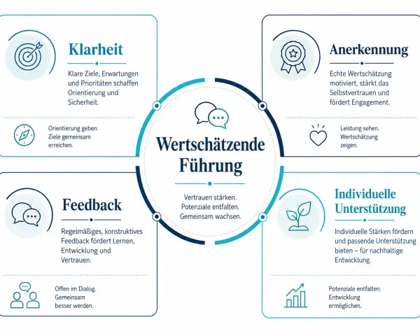 Schema zur wertschätzenden Führung: Klarheit, Feedback, Anerkennung und individuelle Unterstützung fördern Vertrauen und Wachstum.
