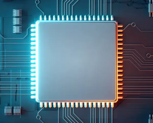 Ein großer, rechteckiger Chip mit vielen Pins, umgeben von Leiterbahnen auf einer dunklen Platine. Dieser **Halbleiter** ist das Herzstück moderner Technologie.