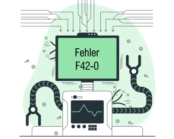 Ein Bildschirm zeigt "Fehler F42-0". Roboterarme und ein Messgerät deuten auf ein Problem in einer komplexen Datenbank hin.