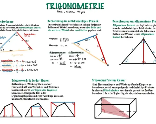 Grundlagen der Trigonometrie: Ein rechtwinkliges Dreieck mit Seiten und Winkeln. Formeln für Sinus, Kosinus, Tangens.