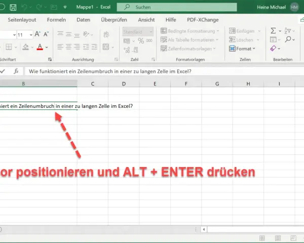 Excel: Zeilenumbruch in Zelle einfügen. Der Cursor wird in der Zelle positioniert, um einen Zeilenumbruch zu erzwingen.