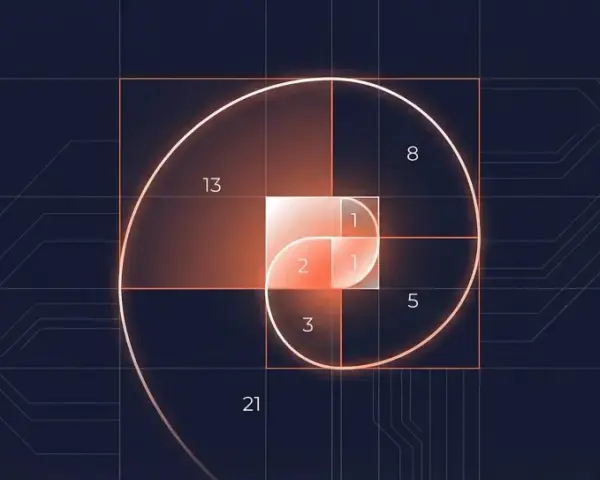Die Fibonacci-Folge visualisiert sich in einem goldenen Schnitt-Spiralmuster, das sich von kleinen Quadraten zu größeren entwickelt.