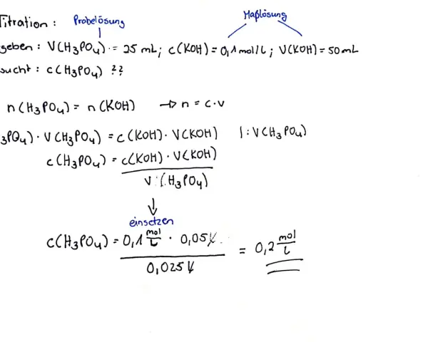 Titration einer Phosphorsäure-Lösung mit Kaliumhydroxid. Die Berechnung der Konzentration der Phosphorsäure (H₃PO₄) wird gezeigt.