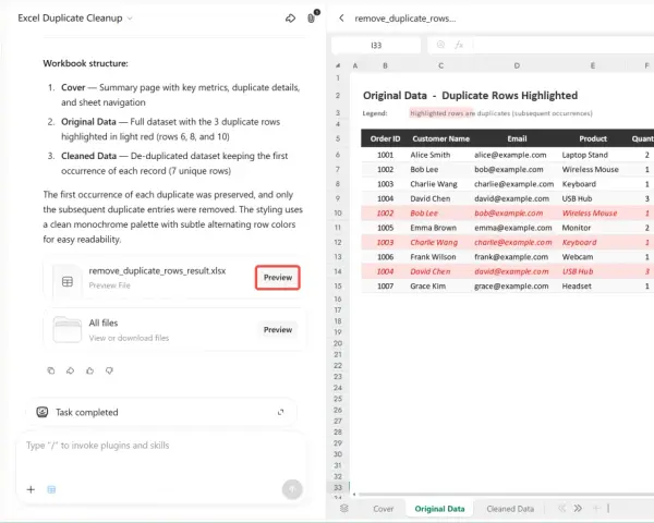 Excel-Tabelle mit hervorgehobenen doppelten Zeilen. Die Aufgabe "excel doppelte werte löschen" wurde erfolgreich abgeschlossen.