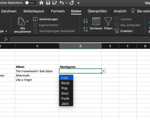 Excel-Dropdown erstellen: Musikgenre-Auswahl mit Optionen wie Folk, Rock, Pop, Soul, Funk, Jazz.