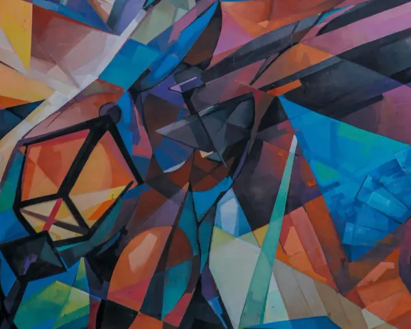 Abstrakte Komposition in leuchtenden Farben, die an den Stil des Kubismus erinnert. Geometrische Formen und Linien verschmelzen zu einem dynamischen Ganzen.