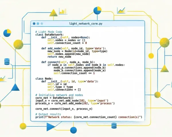 Ein Softwareentwickler schreibt Python-Code für ein Netzwerk. Diagramme und Datenknoten sind um den Code herum angeordnet.
