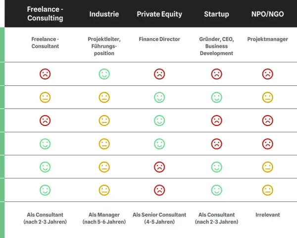 Vergleich von Karrierewegen: Ein Consultant findet Sicherheit und Prestige in der Industrie, aber weniger im Startup.