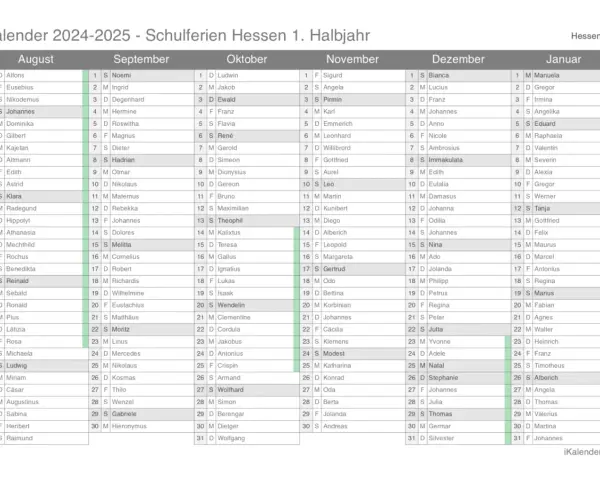 Ferien Hessen 2025: Kalender mit Namen und Schulferien.