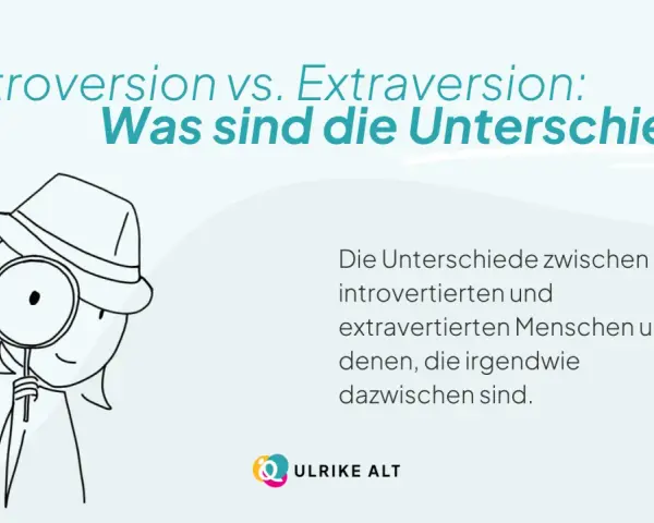 Eine Figur mit Hut und Lupe untersucht die Unterschiede zwischen introvertierten und extrovertierten Menschen.